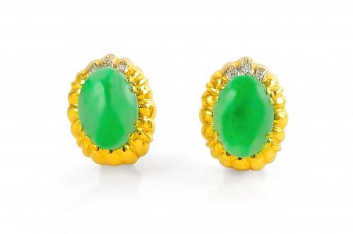 A Pair of Antique Jadeite  and Diamond Earclips