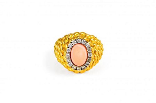 A Gold, Coral and Diamond Ring