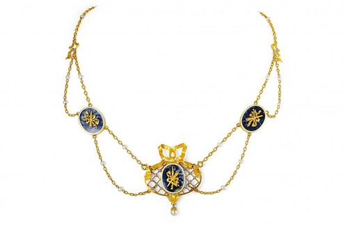 An Antique Gold, Pearl, Diamond and Enamel Necklace