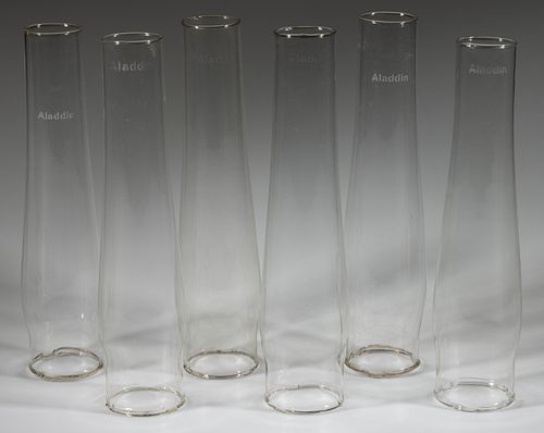 ALADDIN SINGLE LINE GLASS KEROSENE LAMP LOX-ON CHIMNEYS, LOT OF SIX