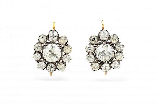 A Pair of Antique Gold, Silver and Diamond Earrings