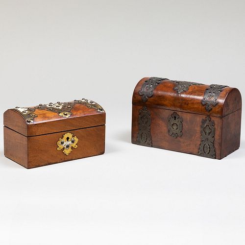A Victorian Bone and Brass-Mounted Burl Walnut Tea Caddy and a Victorian Metal-Mounted Burl Walnut Correspondence Box