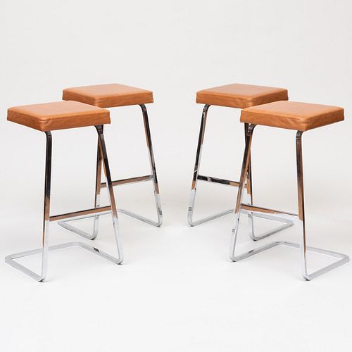 Set of Four Philip Johnson and Mies Van der Rohe for Knoll Chrome and Leather Upholstered Bar Stools