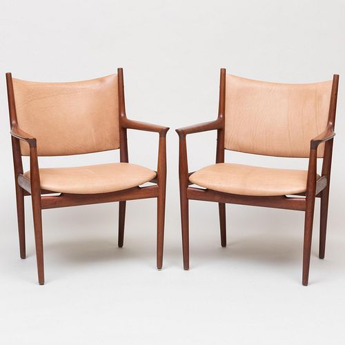 Pair of Hans Wegner For Hansen Teak Leather Upholstered 'JH-513' Armchairs