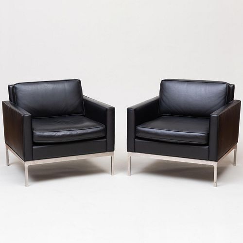 Pair of Nico Zographos Brushed Stainless Steel Leather Upholstered 'TA35' Club Chairs