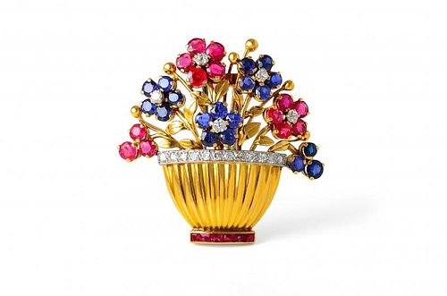 A Gold, Platinum, Sapphire, Ruby and Diamond Flower Vase Brooch
