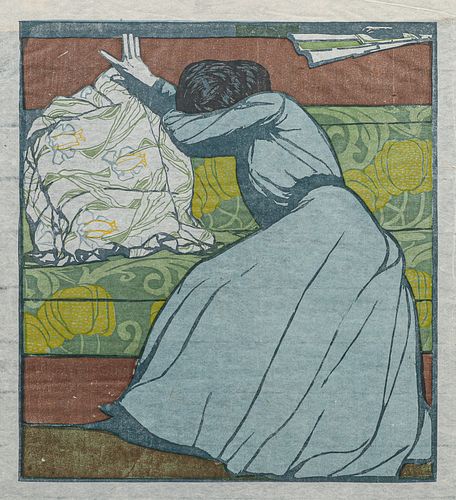 Max Kurweil Color Woodcut "Der Polster" (The Pillow) Portrait of Martha Kurweil 1903