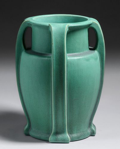 LargeÂ Teco Pottery Mattte Green Bulbous Four-Handled Vase c1910