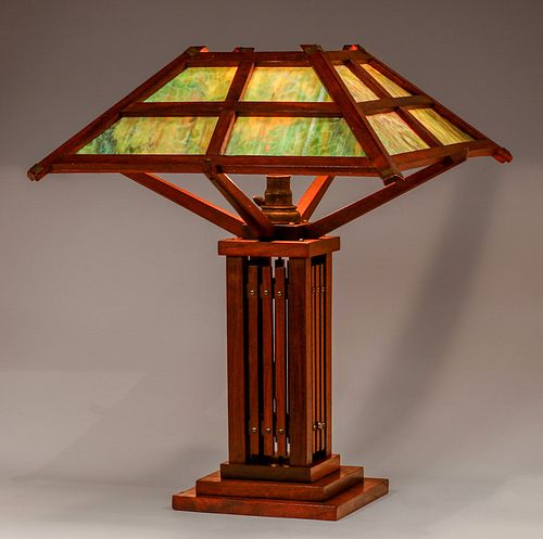 Prairie School Mahogany Slag Glass Lamp c1910