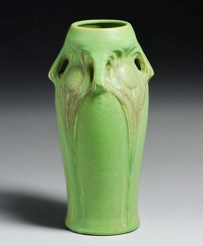 Large EarlyÂ Van BriggleÂ Matte Green #229 Peacock Feather Four-Handle Vase 1903