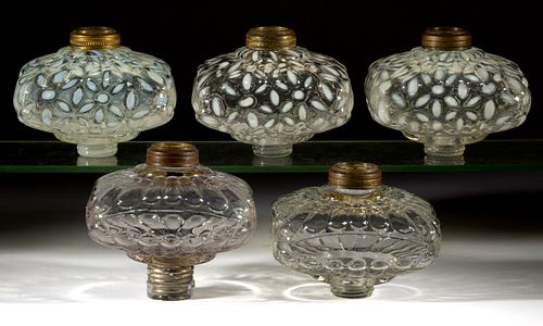 HOBBS GLASS KEROSENE LAMP FONTS, LOT OF FIVE