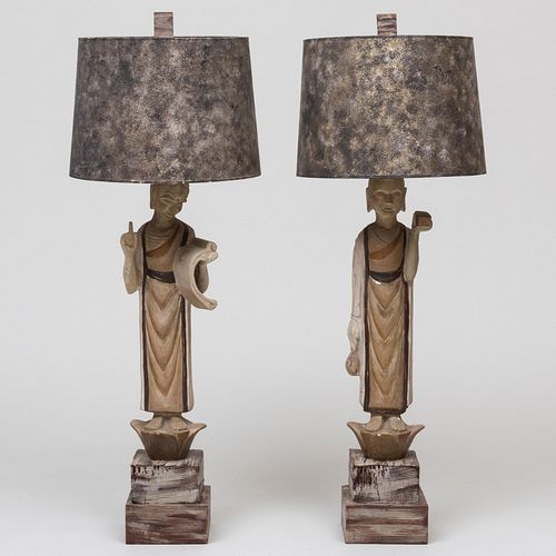 Pair of Figural Painted Composition Lamps, Possibly James Mont with Original Shades