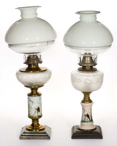 ASSORTED DECORATED COMPOSITE KEROSENE STAND LAMPS, LOT OF TWO