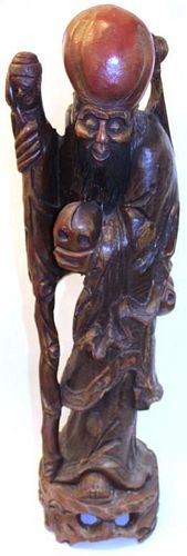Chinese Carved Wood Shou God of Longevity Figure