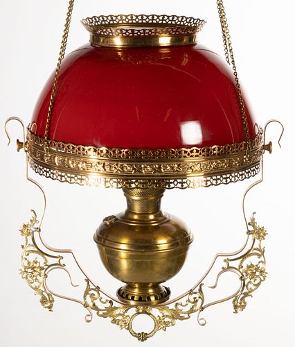VICTORIAN CASED GLASS KEROSENE HANGING / LIBRARY LAMP