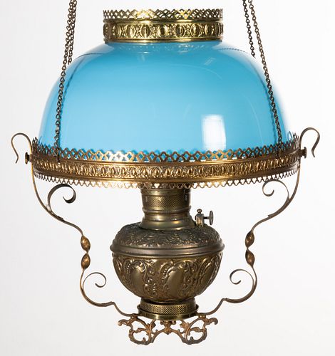 VICTORIAN GLASS AND METAL KEROSENE HANGING/ LIBRARY LAMP