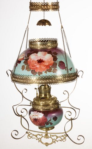 VICTORIAN FLORAL STENCIL-DECORATED KEROSENE HANGING / LIBRARY LAMP