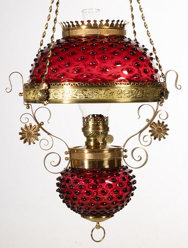 CHARLES PARKER ATTRIBUTED HOBNAIL / DEWDROP KEROSENE HANGING LAMP