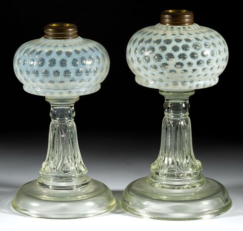 COIN DOT / WINDOWS - LEAF AND JEWEL BASE KEROSENE STAND LAMPS, LOT OF TWO