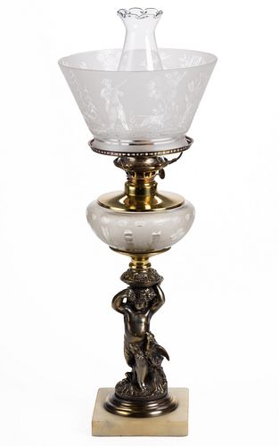 VICTORIAN CHERUB AND PHEASANT FIGURAL STEM KEROSENE STAND LAMP