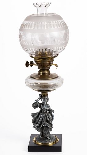 E. MILLER NO. 48 VARIANT / VICTORIAN WOMAN FIGURAL STEM KEROSENE STAND LAMP