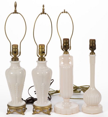 ALADDIN ALACITE / MOONSTONE GLASS ELECTRIC TABLE LAMPS, LOT OF FOUR