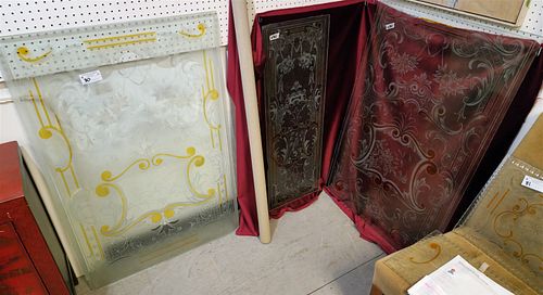 C1900 ETCHED GLASS PANELS W/AMBER HIGHLIGHTS PR 4'X 32", 44-1/2"X 16"