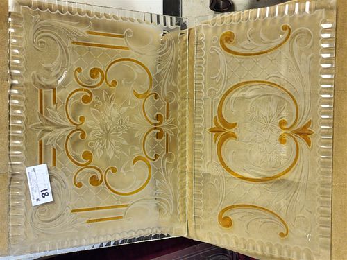 C 1900 LOT 2 ETCHED GLASS PANELS W/AMBER HIGHLIGHTS 15-1/4" X 19-1/4", 11-1/2" X 19-1/2"