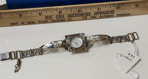 STERL WRIST WATCH W/INSET OPALS AND MOP FACE