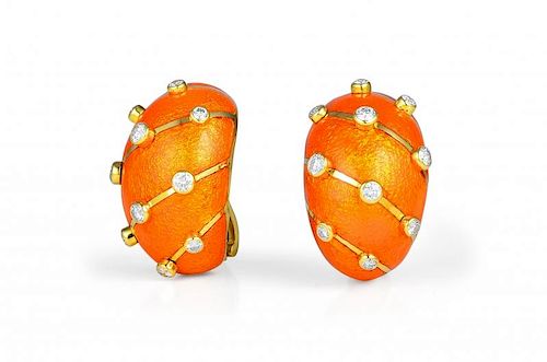 A Pair of Tiffany & Co. By Jean Schlumberger Enamel, Gold and Diamond Earrings