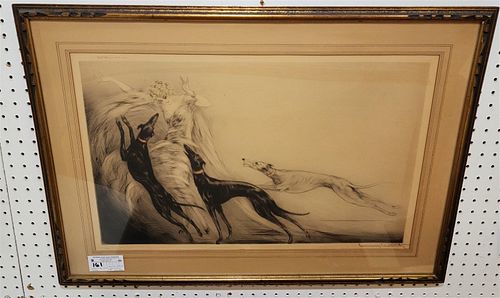 FRAMED ETCHING "COURSING" 1929 PENCIL SGND. LOUIS ICART A1370 W/ SEAL 16 1/4" X 26" W/ FRAME