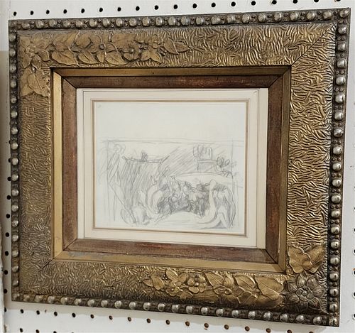 FRAMED GRAPHITE ON CREAM LAID PAPER "HOLLAND VISITING THE PRISONERS"-DOUBLE SIDED DRAWING BY GEORGE ROMNEY 1734-1802 6 1/2" X 7 1/2" W/ FRAME 14 1/4" 