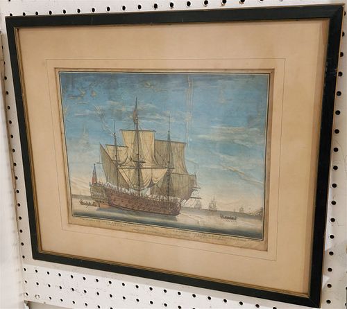 18THc HAND COLORED ENGR. HIS MAGESTIES SHIP BLENHEIM 10 1/2" X 13" W/ FRAME 16 1/2" X 19 1/2"