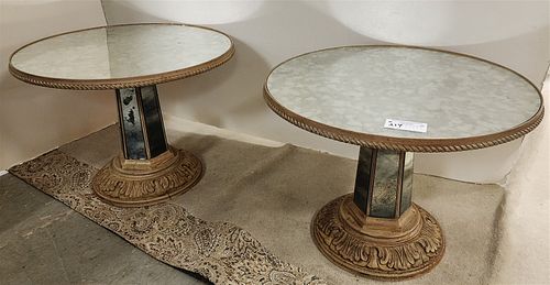PR. MIRRORED & CARVED WOOD SIDE TABLES 18"H X 24" DIAM.