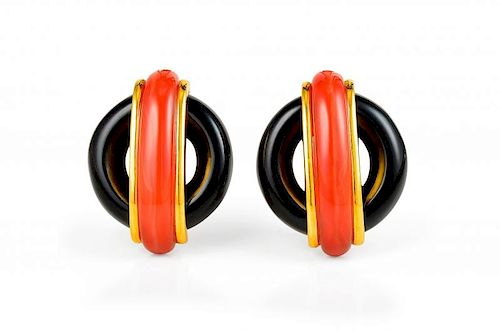 A Pair of 1970s Cartier by Aldo Cipullo Gold, Onyx and Carnelian Earclips