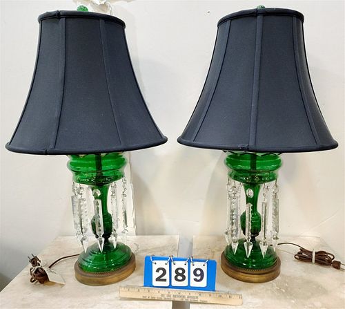 PR 19TH C GREEN GLASS GIRANDOLES MADE INTO LAMPS 29"