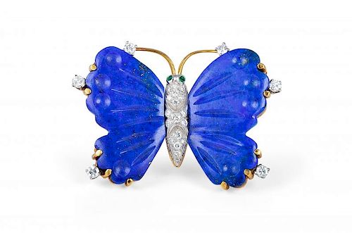 A Gold, Lapis Lazuli and Diamond Butterfly Brooch