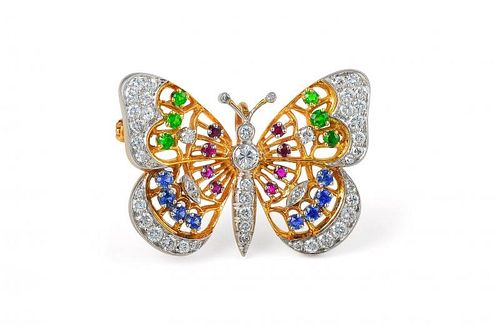 A Gold, Diamond, Ruby, Sapphire and Emerald Butterfly Brooch