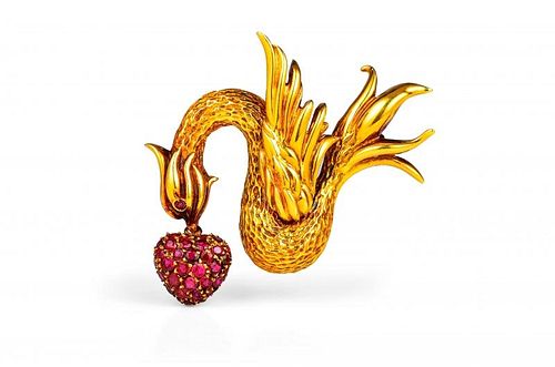 A Gold and Ruby Dragon Brooch by Tiffany & Co.