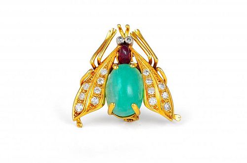 A Van Cleef & Arpels Gold, Emerald, Ruby and Diamond Bee Brooch