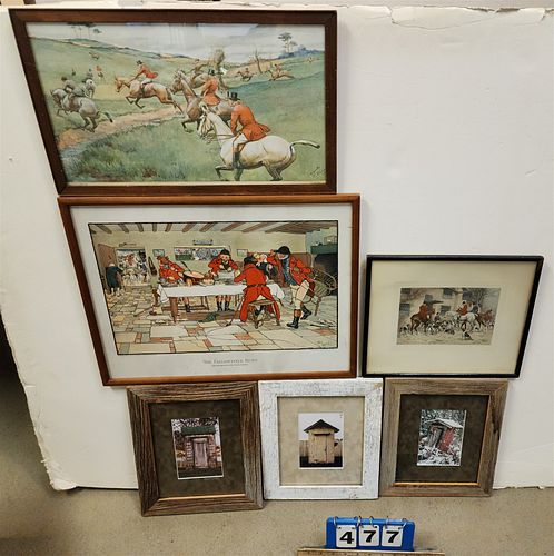 BX 6 FRAMED ITEMS- THE FALLOWFIELD HUNT 15 3/4" X 20 3/4", HUNT 11 1/2" X 19", 11" X 13 1/2", 3 JACK MILLER PHOTOS OF OUTHOUSES
