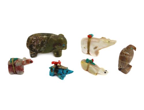 Group of 6 - Zuni Contemporary Stone and Mother of Pearl Animal Fetishes (M1905)