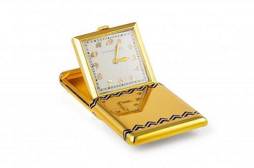 An Art Deco Tiffany & Co. Gold and Enamel Travel Clock