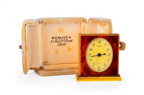 A Hermes Burl Wood and Metal Desk Clock