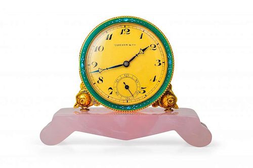 A Tiffany & Co. Rose Quartz and Enamel Clock