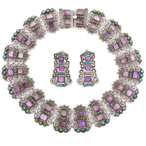Matilde Poulat, Mexican Amethyst, Turquoise, Sterling Silver Jewelry Suite