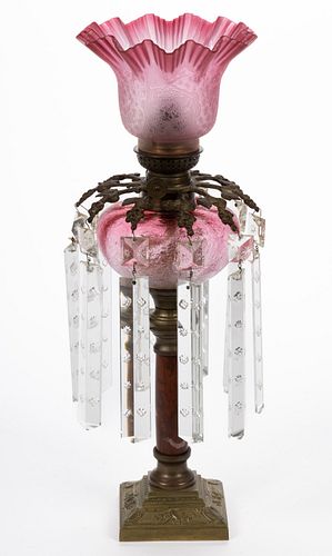 CONTINENTAL GLUE-CHIPPED GLASS AND METAL KEROSENE PEG LAMP