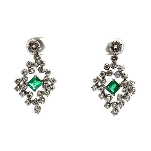 4.25 Ctw in Diamonds & Emeralds Platinum Drop Earrings