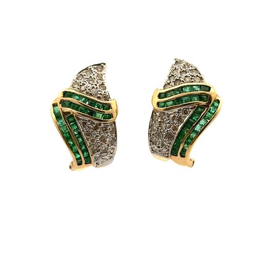 1.70 Ctw in Diamonds & Emeralds 18k Gold Earrings