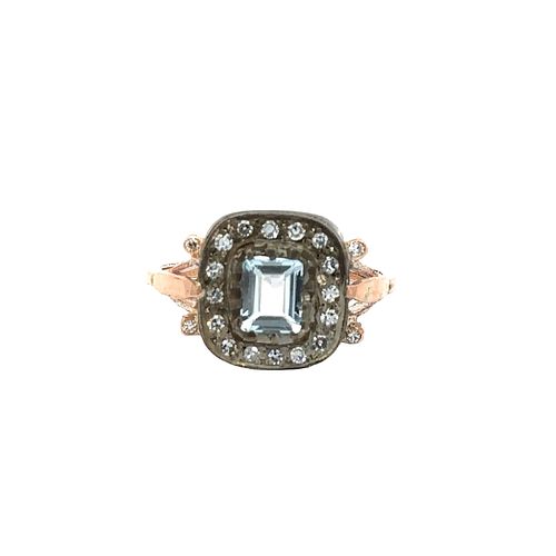 Aquamarine & Diamonds Cocktail Ring in 14k Gold and Silver